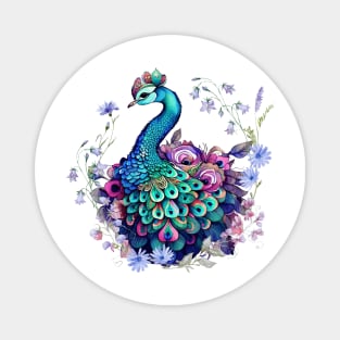 Floral Peacock Watercolor Art Print Magnet